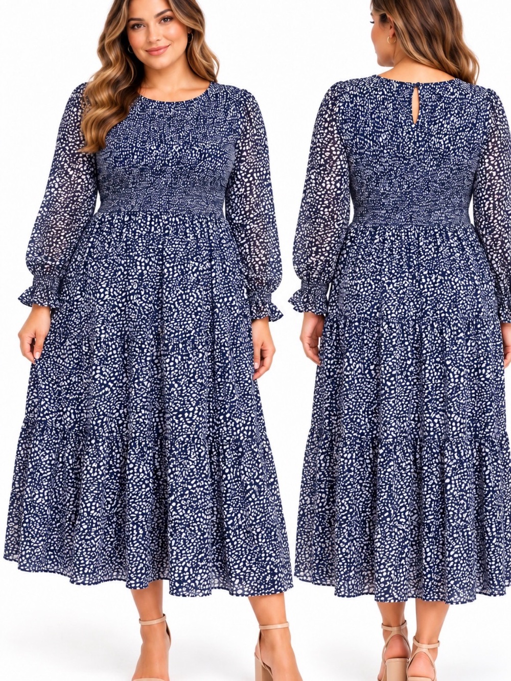 NWT Blue White Smocked Long Sleeve Tiered Midi Dress XXL